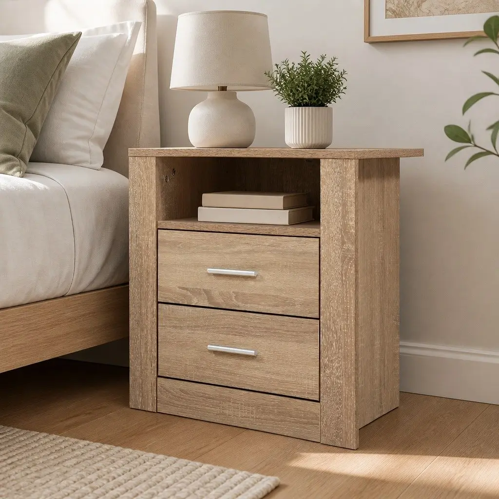 Oak Bedside Table with 2 Drawers and Shelf
