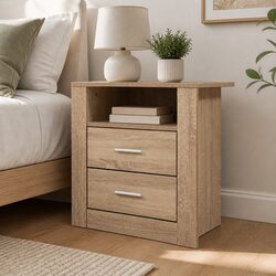 Stylish Oak Bedside Table with 2 Drawers and Shelf