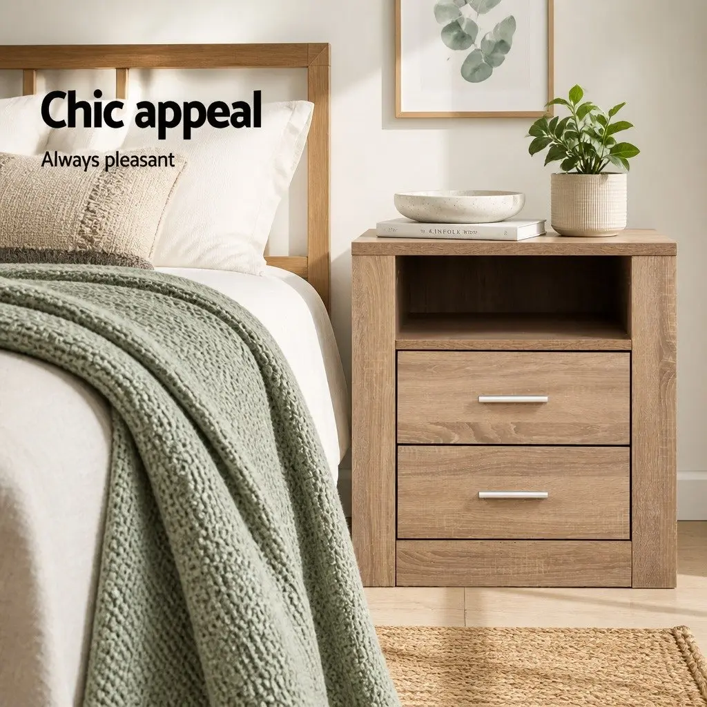 Oak Bedside Table with 2 Drawers and Shelf