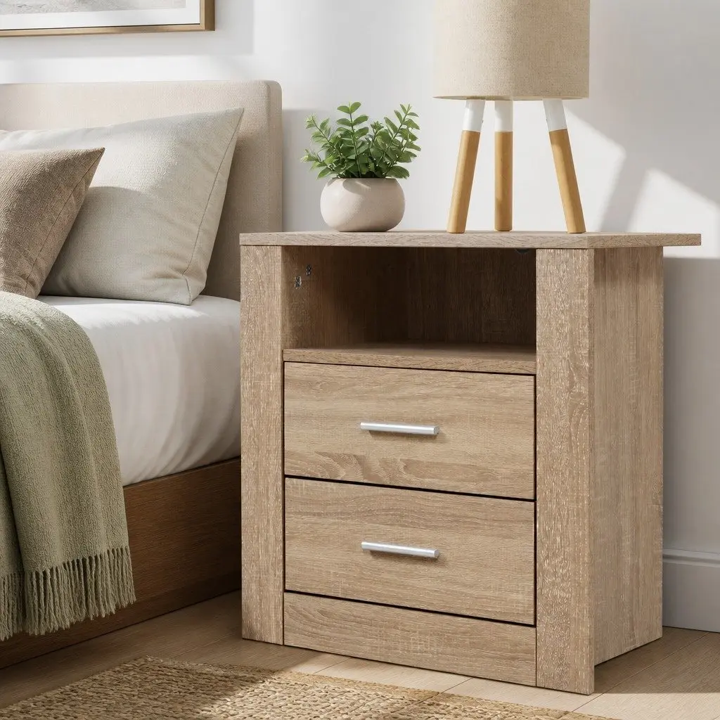 Oak Bedside Table with 2 Drawers and Shelf