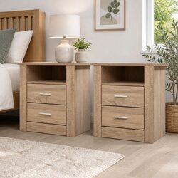Modern Oak Bedside Table with 2 Drawers & Open Shelf
