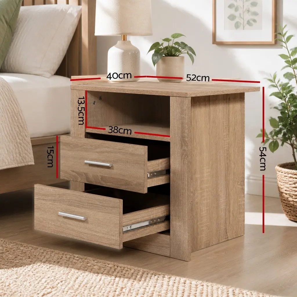 Oak Bedside Table with 2 Drawers & Open Shelf