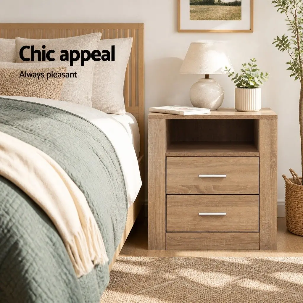 Oak Bedside Table with 2 Drawers & Open Shelf