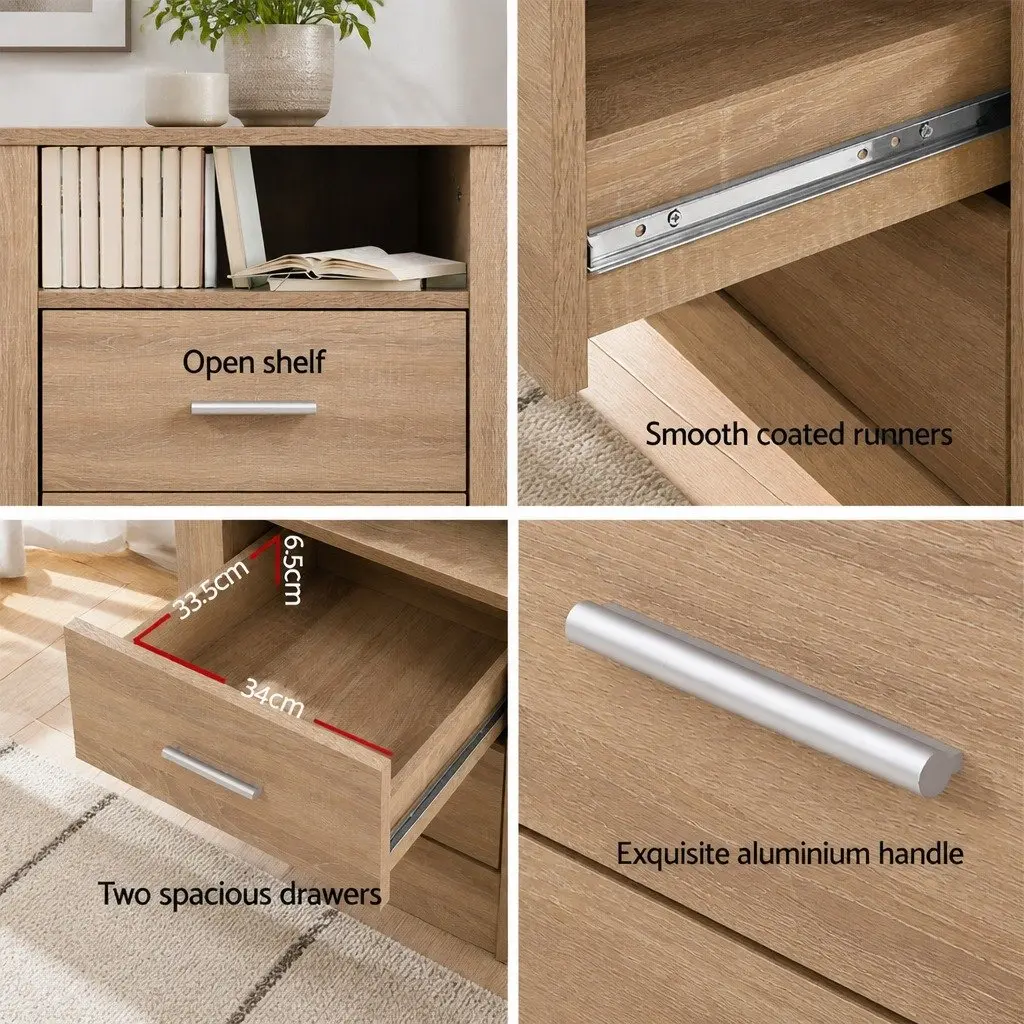 Oak Bedside Table with 2 Drawers & Open Shelf