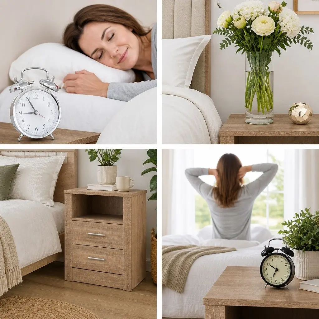 Oak Bedside Table with 2 Drawers & Open Shelf