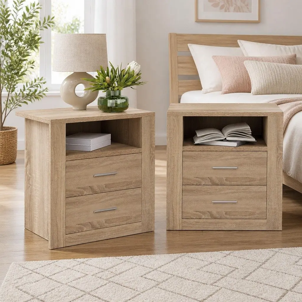 Oak Bedside Table with 2 Drawers & Open Shelf