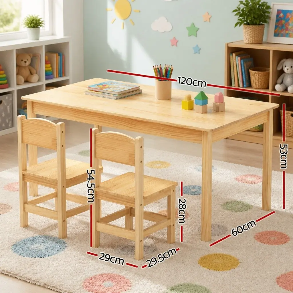 Kids Table and Chairs Set Pinewood Natural 3 Piece