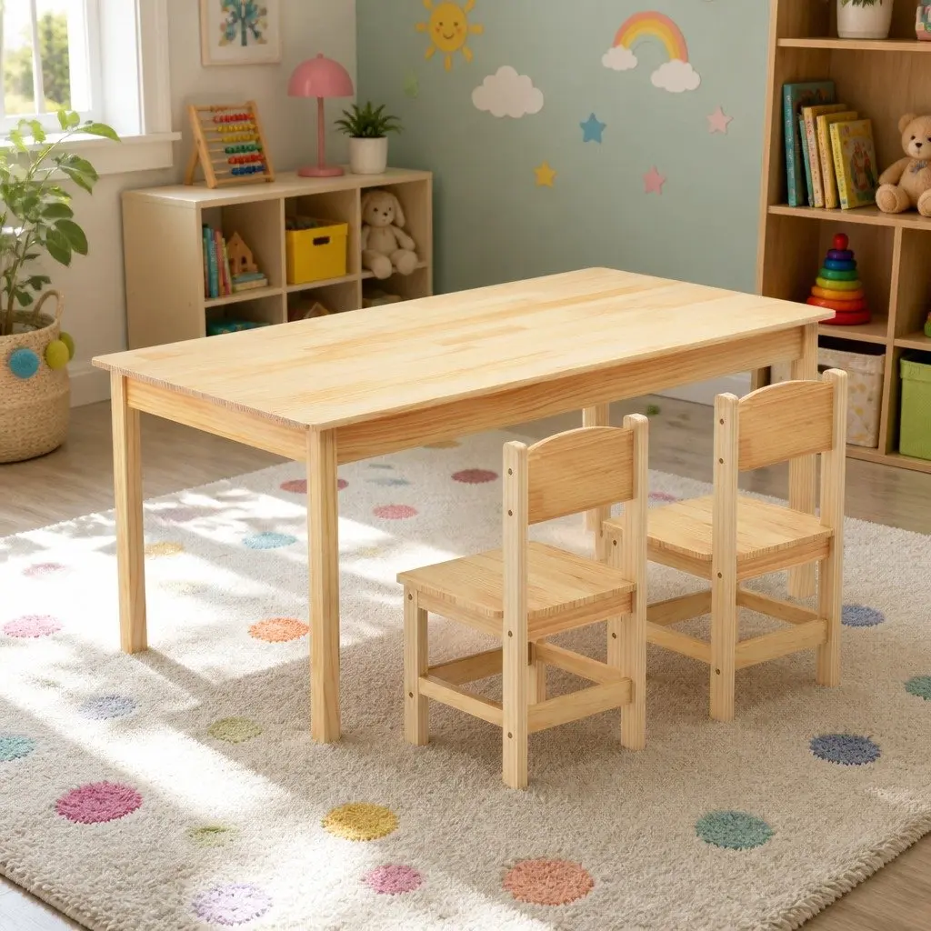 Kids Table and Chairs Set Pinewood Natural 3 Piece