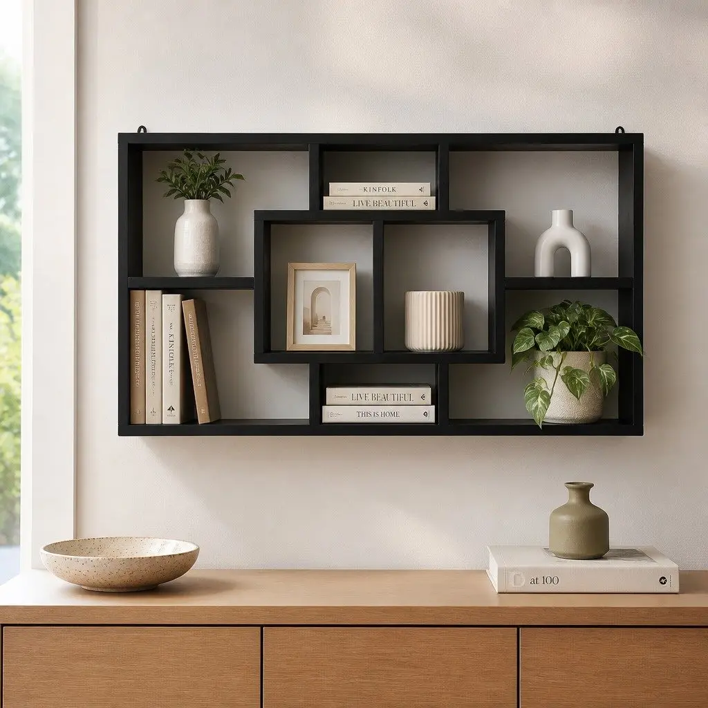 Black Floating Wall Shelf with 8 Unique Compartments