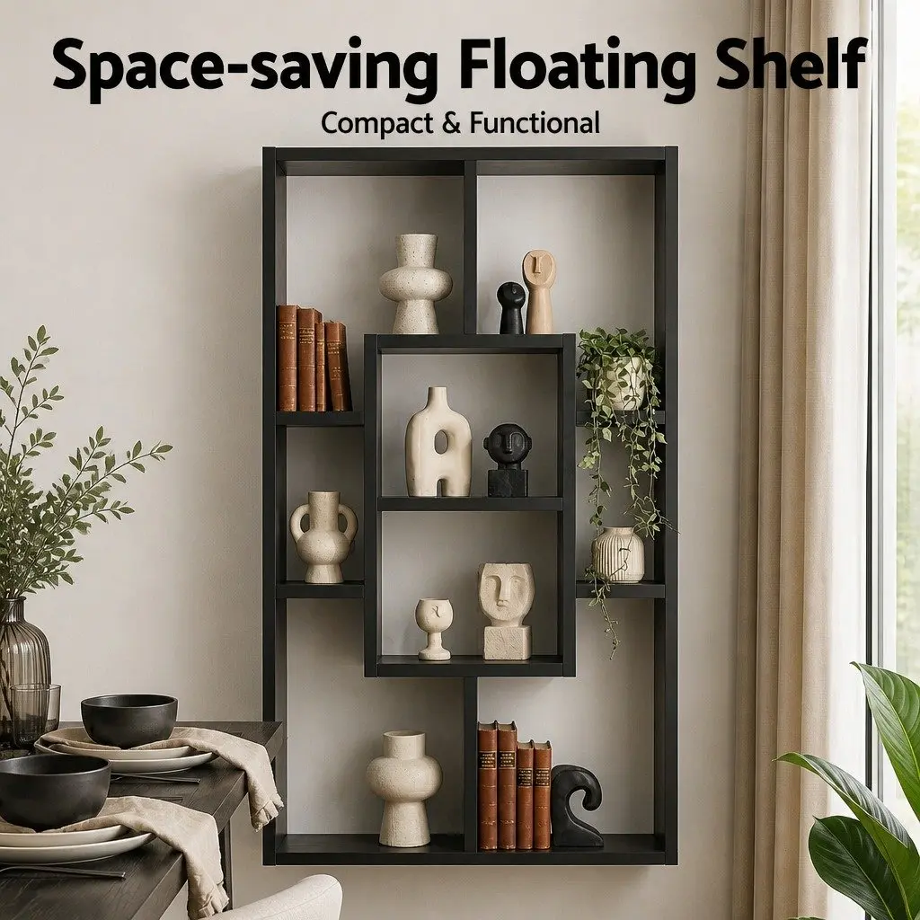 Black Floating Wall Shelf with 8 Unique Compartments