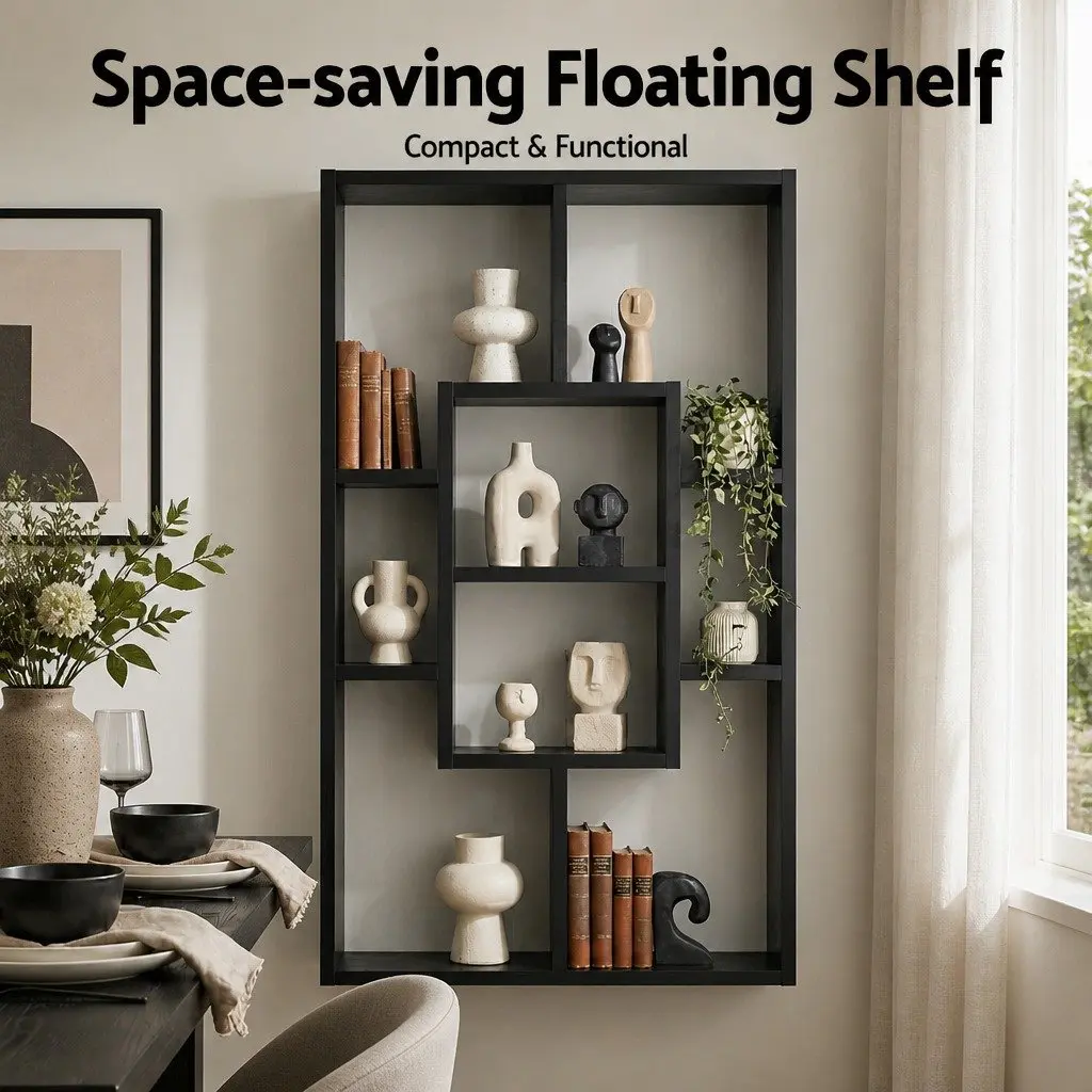 Black Floating Wall Shelf with 8 Unique Compartments