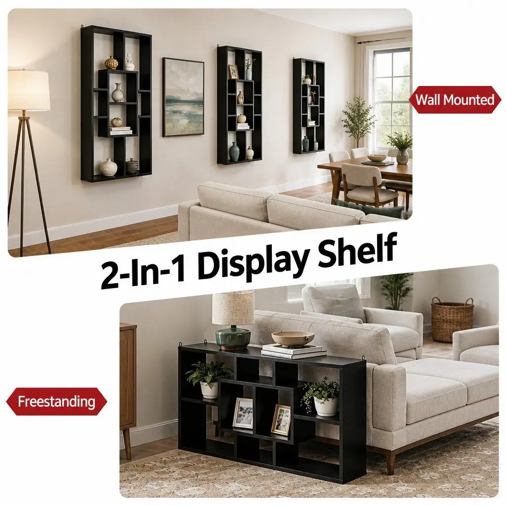 Black Floating Wall Shelf with 8 Unique Compartments