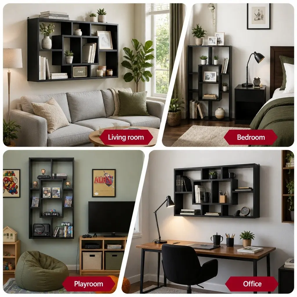 Black Floating Wall Shelf with 8 Unique Compartments