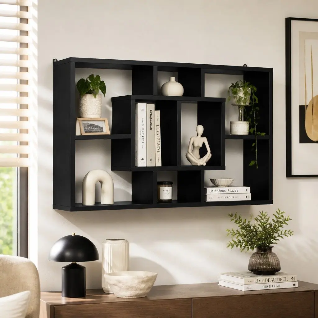 Black Floating Wall Shelf with 8 Unique Compartments