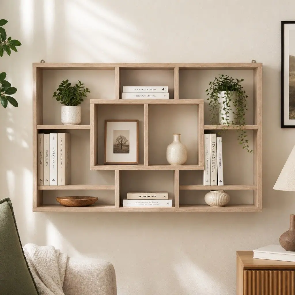 Floating Wall Shelf Unit Particle Board 85cm Wood 8 Compartment