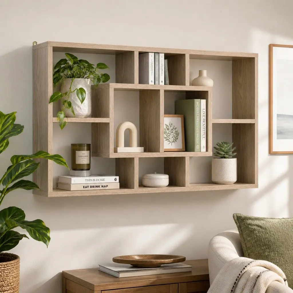 Floating Wall Shelf Unit Particle Board 85cm Wood 8 Compartment