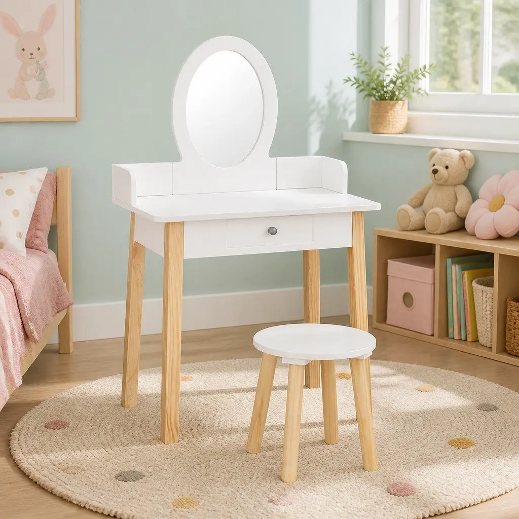 Wooden Leg Kids Vanity Makeup Table and Chair Set