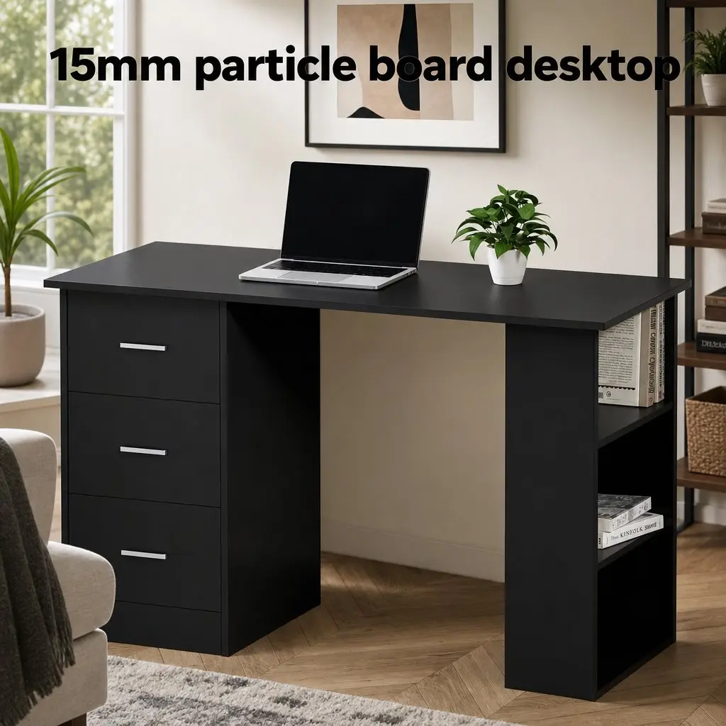 Office Desk Chair Set 120cm Computer Desk 3 Drawers Open Shelves Ergonomic