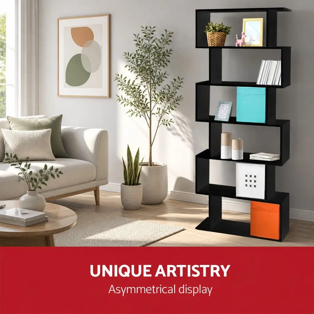 6-Tier Black S-Shape Display Bookshelf