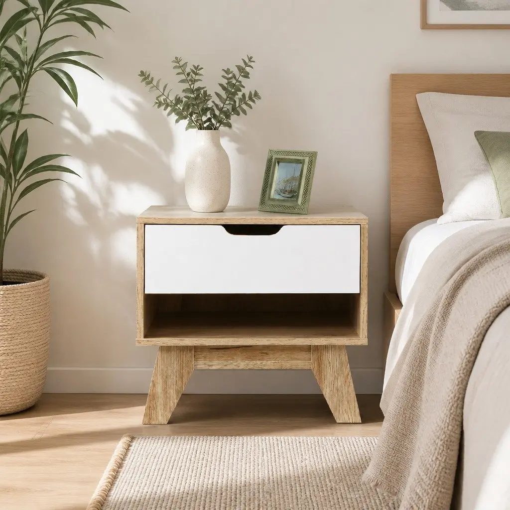 Two-Tone Bedside Table with Drawer and Shelf