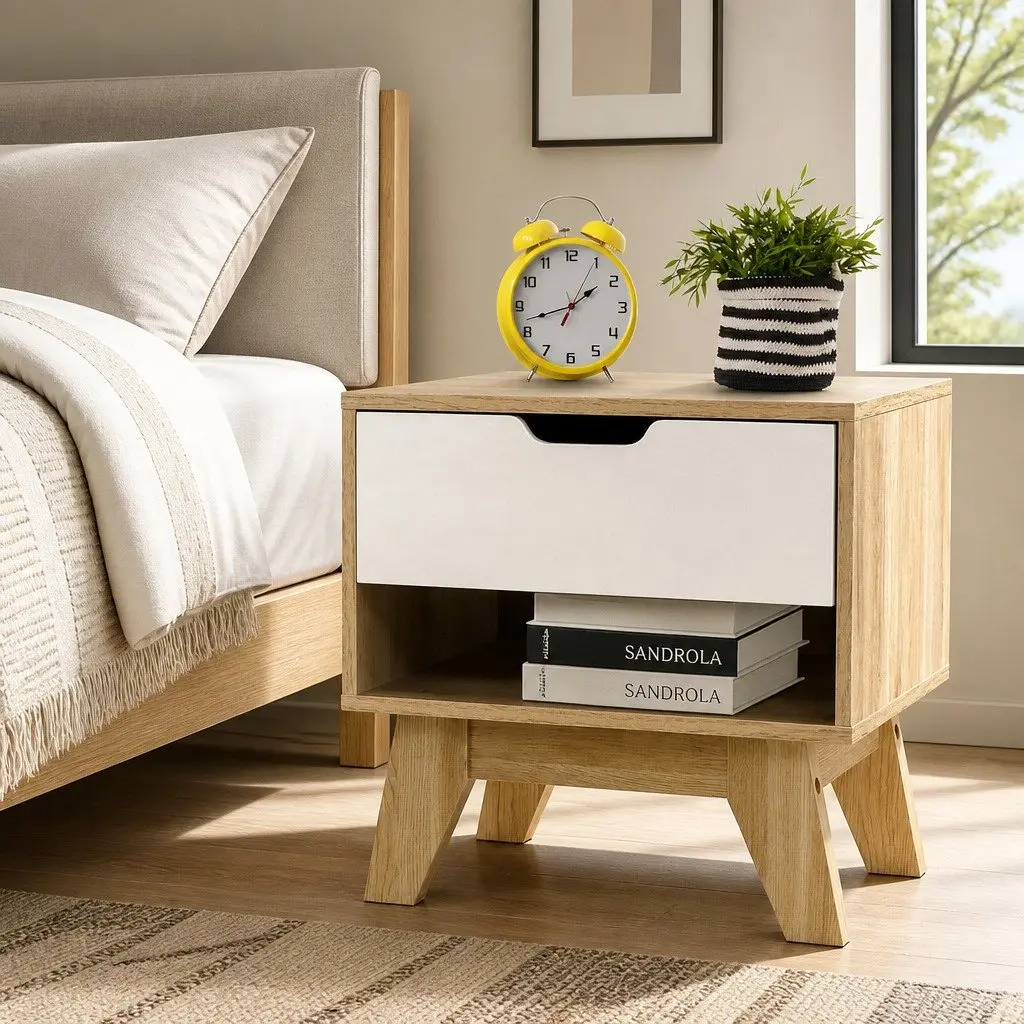 Two-Tone Bedside Table with Drawer and Shelf