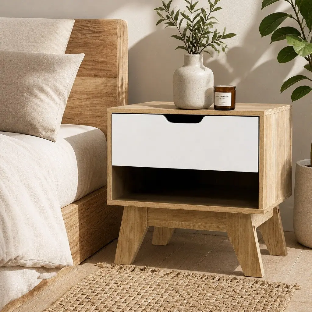 Two-Tone Bedside Table with Drawer and Shelf