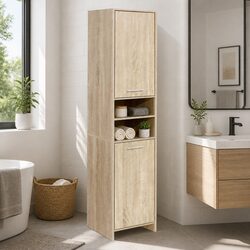 Tall Bathroom Cabinet Storage 185cm Oak Wooden Shelving Unit Space-Saving