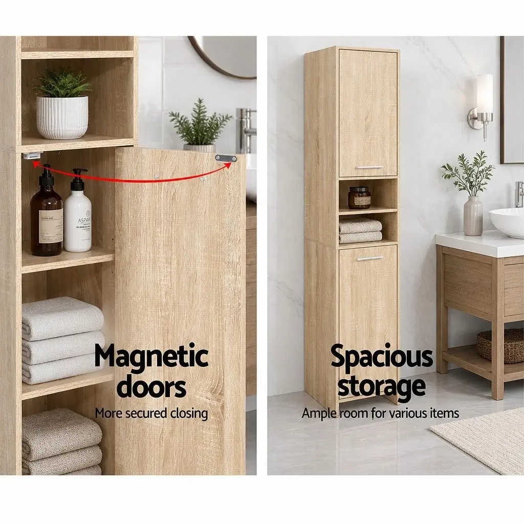 Tall Bathroom Cabinet Particle Board Oak 185cm Space-Saving Storage Unit