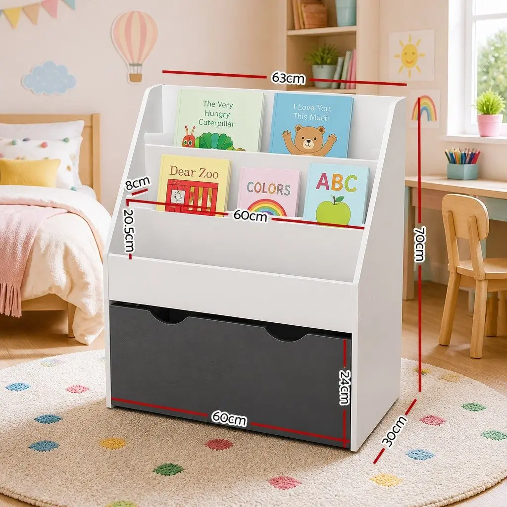 Kids Bookshelf Particle Board 3 Tier White Grey