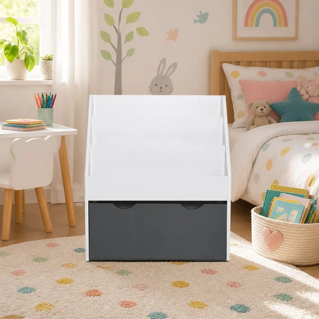 Kids Bookshelf Particle Board 3 Tier White Grey