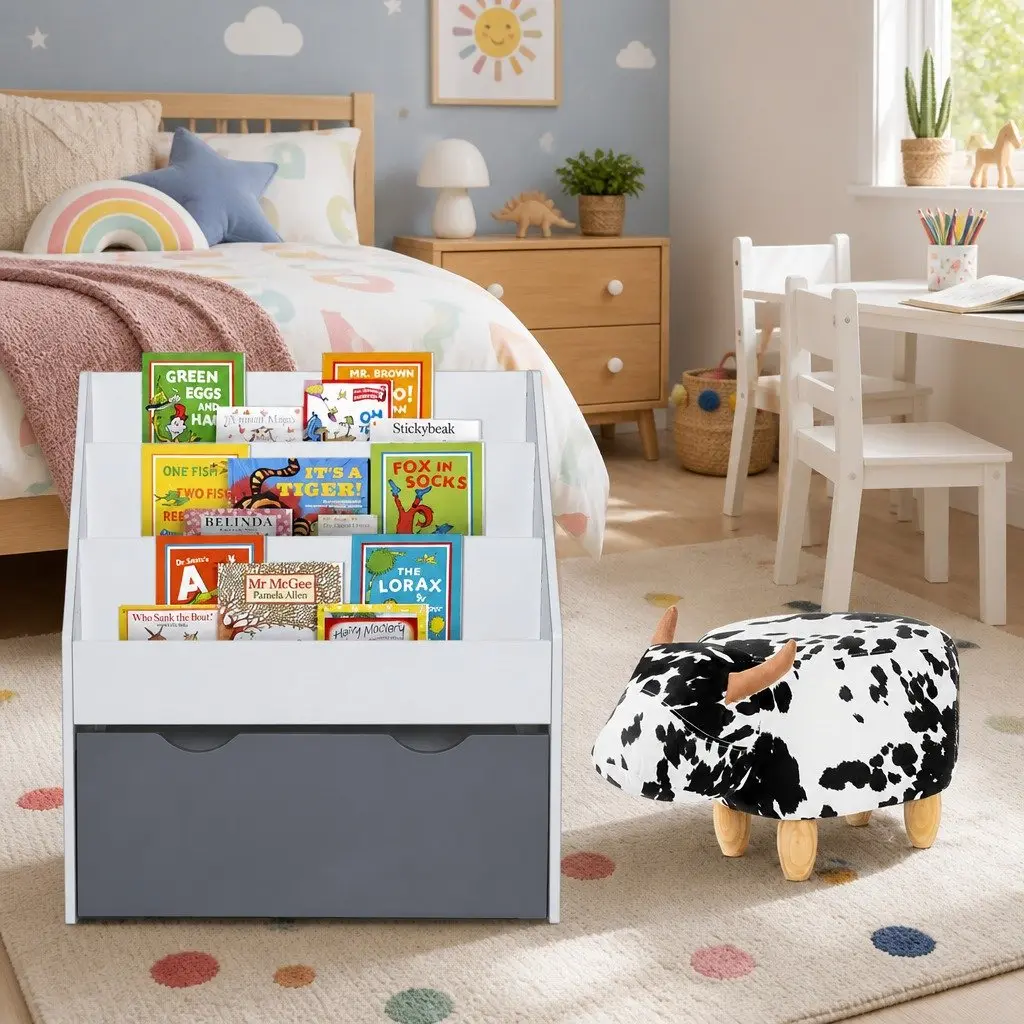 Kids Bookshelf Particle Board 3 Tier White Grey