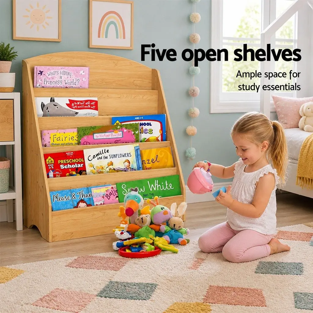 Kids Bookshelf Wooden 5 Tier Storage Organiser Magazine Rack Display Unit Brown