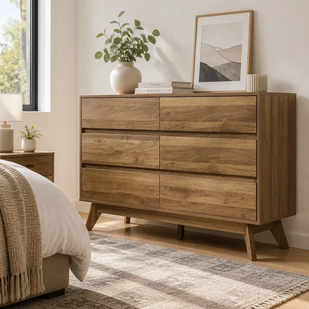 Chest of Drawers 6 Drawer Tallboy Dresser Walnut Bedroom Storage Cabinet
