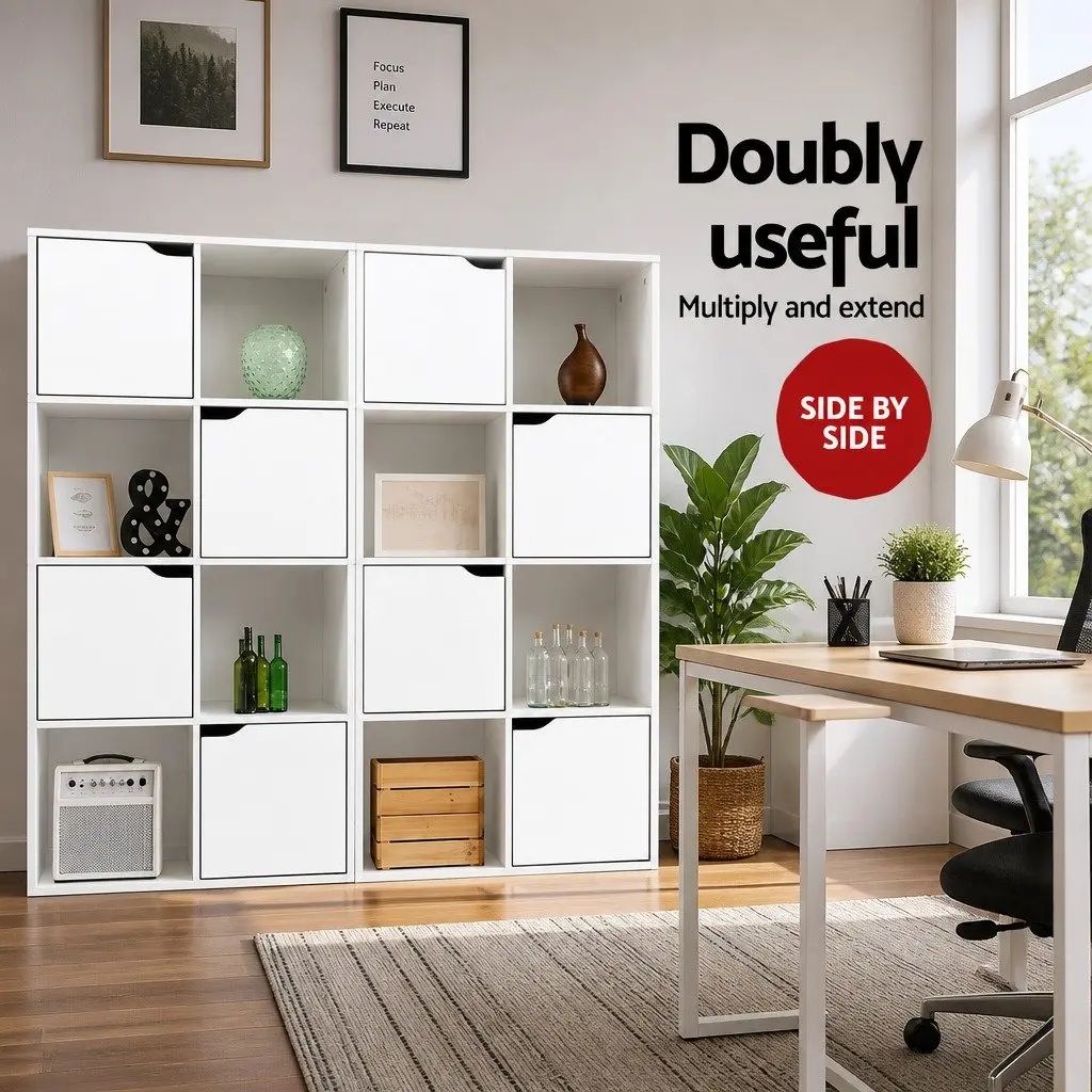 8 Cube Display Shelf White Storage Bookcase 4 Doors Open Shelves Modern Design
