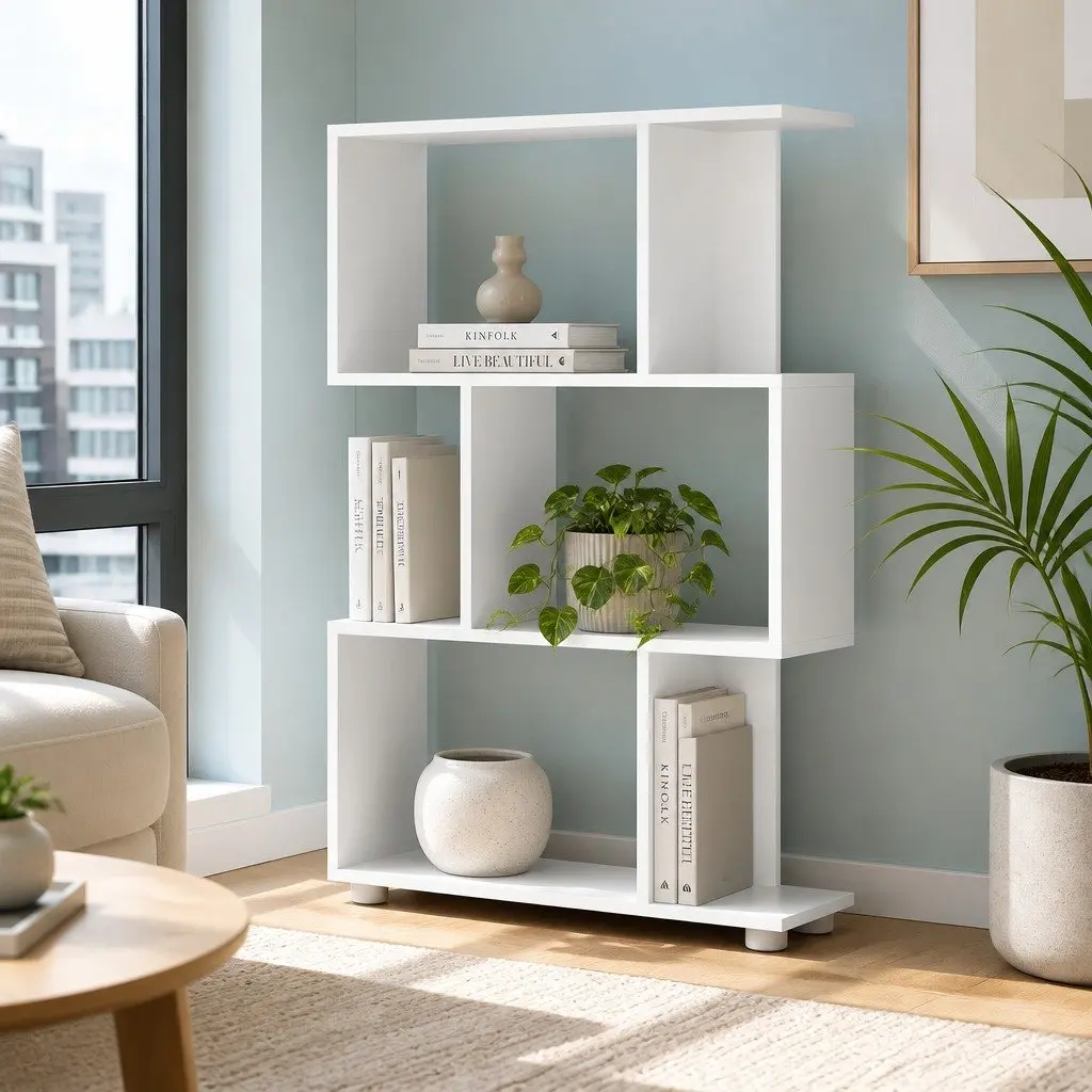 3-Tier Zig-Zag Bookshelf in White for Organizing