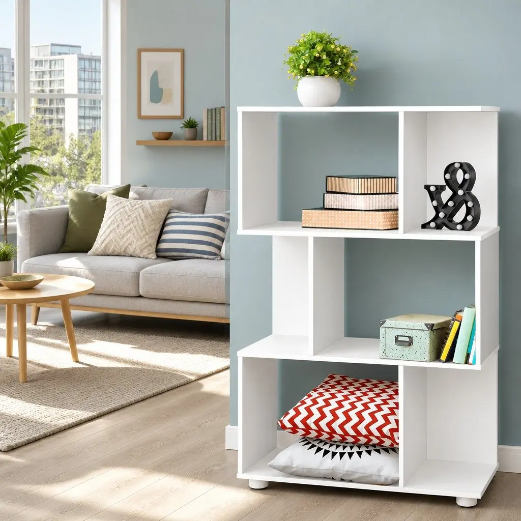3-Tier Zig-Zag Bookshelf in White for Organizing