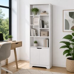 Durable White Bookshelf with Cabinet - 8-Tier Storage Unit