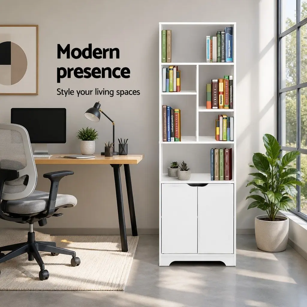 White Bookshelf with Cabinet Display Shelf Bookcase Storage Unit Living Room
