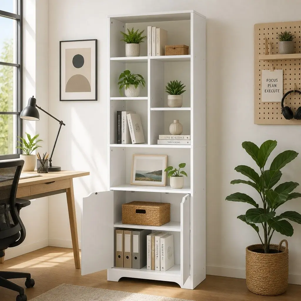White Bookshelf with Cabinet Display Shelf Bookcase Storage Unit Living Room