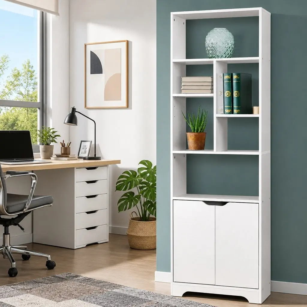 White Bookshelf with Cabinet Display Shelf Bookcase Storage Unit Living Room