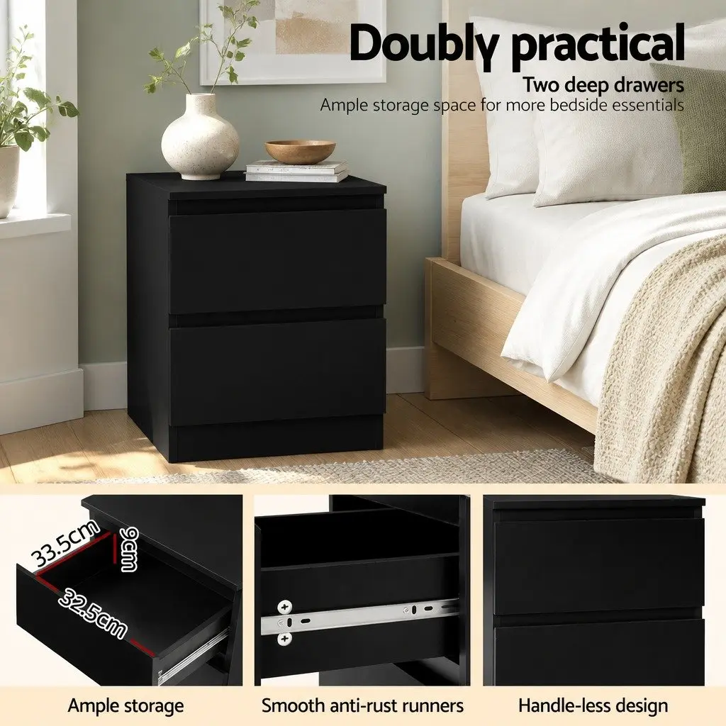 Black Bedside Table with 2 Drawers