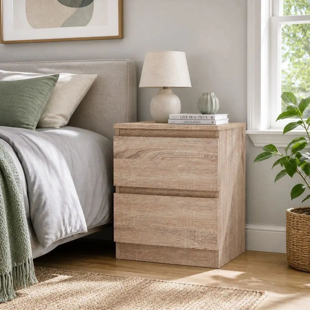 Light Wood Tone Bedside Table with 2 Drawers