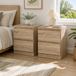 Modern Oak Wood Bedside Table with 2 Drawers