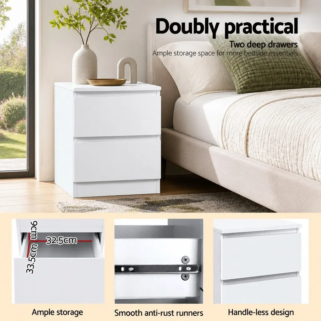 White Bedside Table with 2 Spacious Drawers