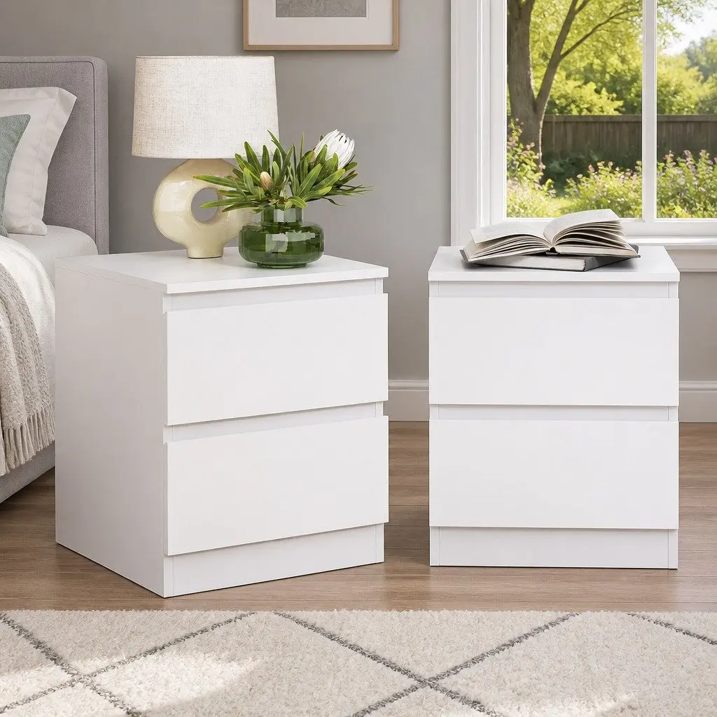 White Bedside Table with 2 Spacious Drawers