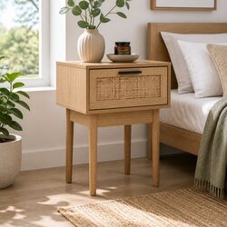 Bedside Table Side Table Rattan Drawer Nightstand Light Wood Tone Storage