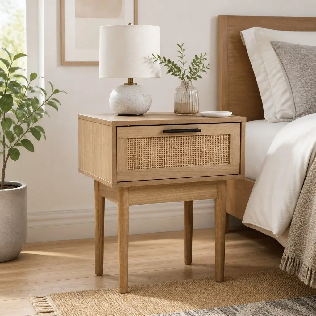 Bedside Table Rattan Drawer Light Wood Tone 40cm x 30cm x 50cm