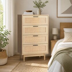 Stylish 4-Drawer Tallboy Chest with Rattan Detailing
