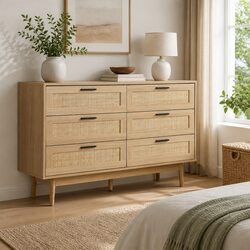 Stylish 6 Drawer Chest with Rattan and Wood Legs