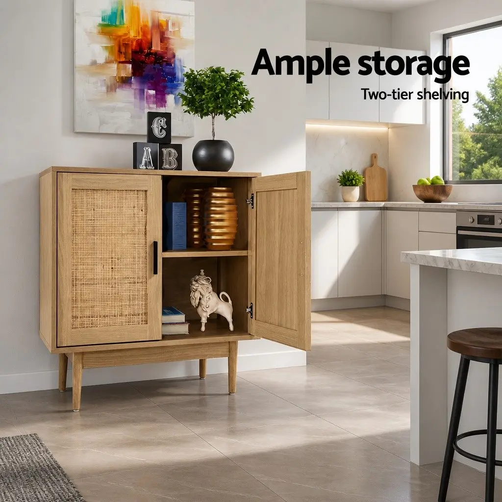 Rattan Buffet Sideboard with Real Doors